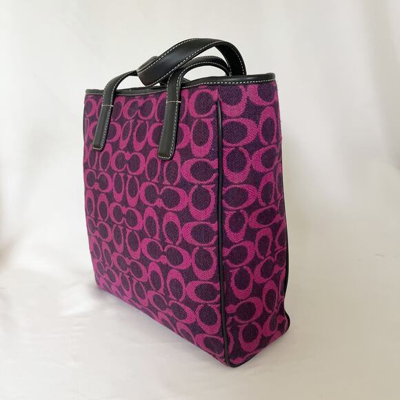 🚨LOW START! COACH Monogram Fabric Wool Twill Sm Tote Black Fuchsia Leather Trim - Picture 5 of 9